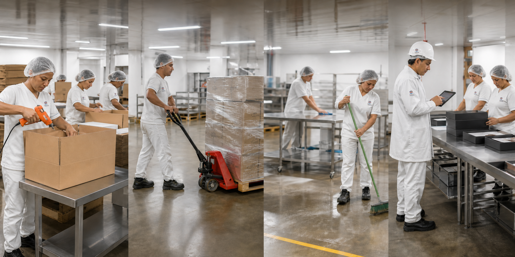 Secuencia de pegado hot melt, movimiento de estibas, aseo y control de productividad
